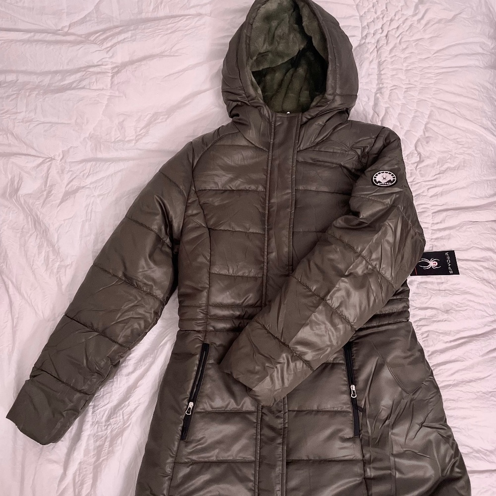 Spyder Olive Faux Fur Puffer Jacket